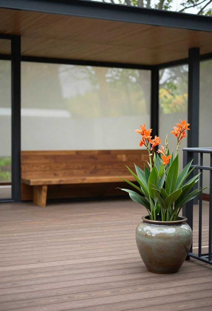 Orange canna lilies in a glazed ceramic planter accenting the corner of a modern teak deck on a bright morning