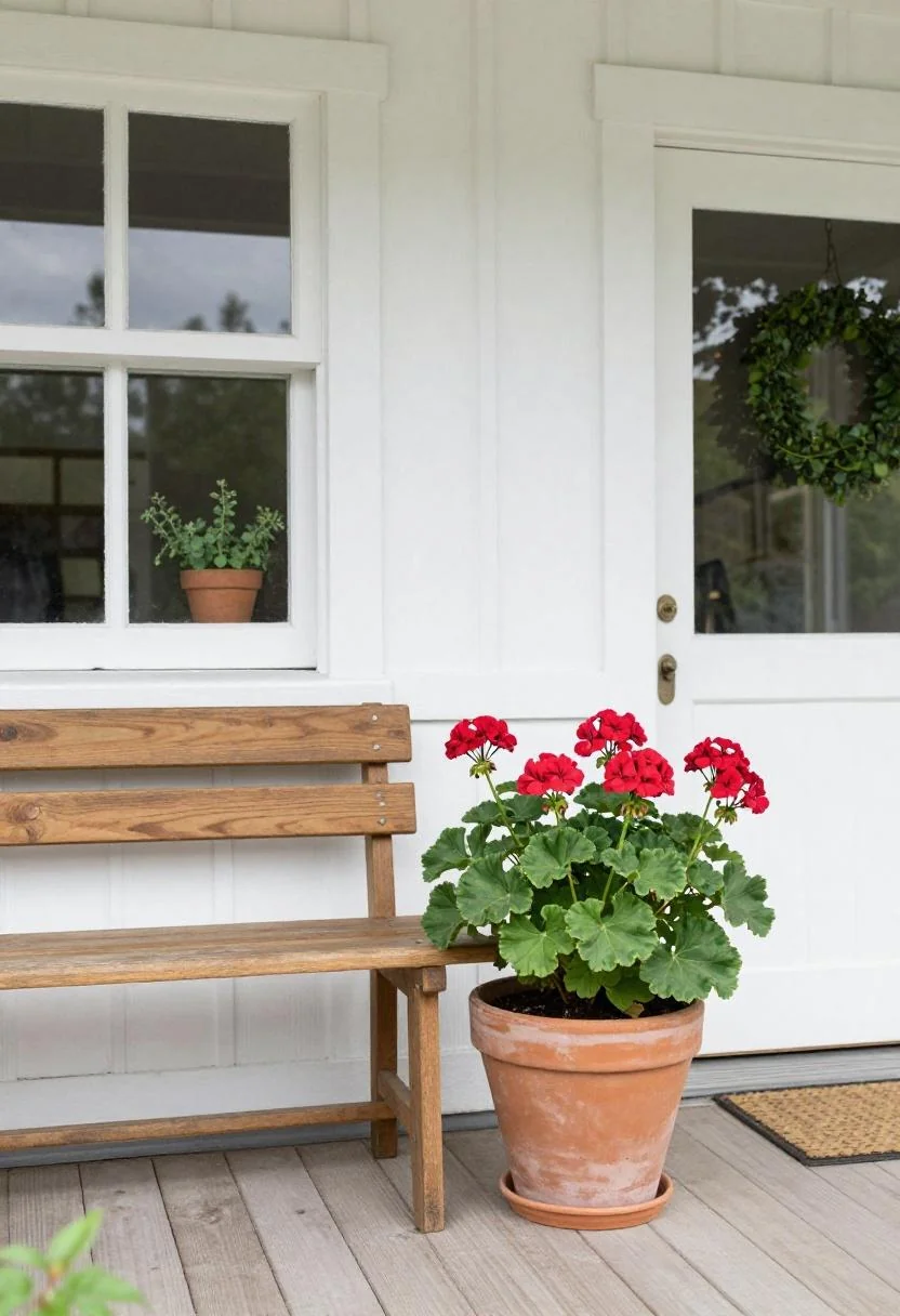Terracotta geranium pot and herb bench flanking a cottage front door in midday sun
