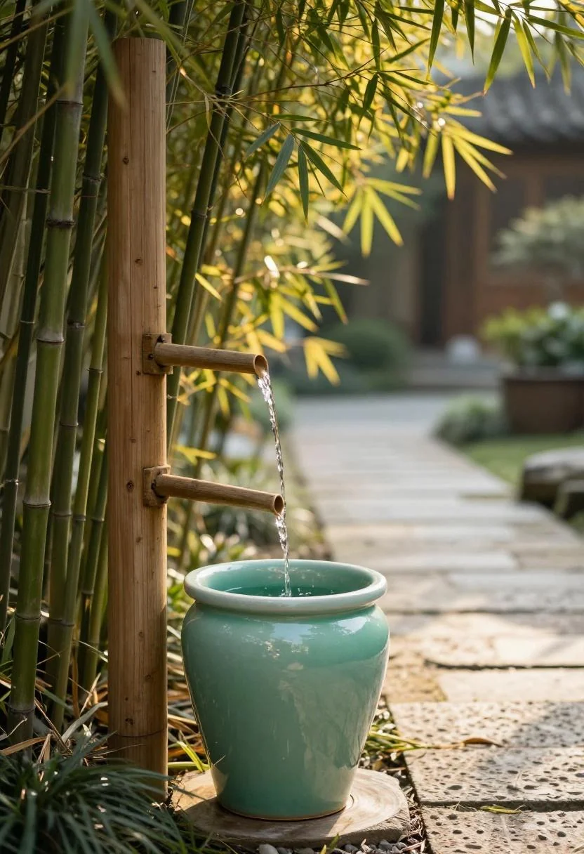 Bamboo spout wall fountain flowing into a jade green ceramic basin beside a garden path