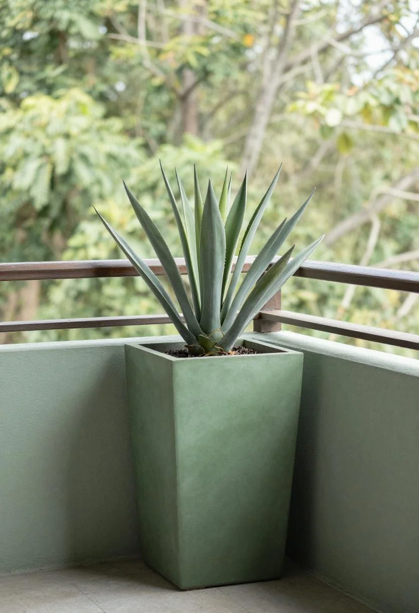 Jade green fiberglass planter with a sculptural agave tucked against a cedar deck railing in midday shade