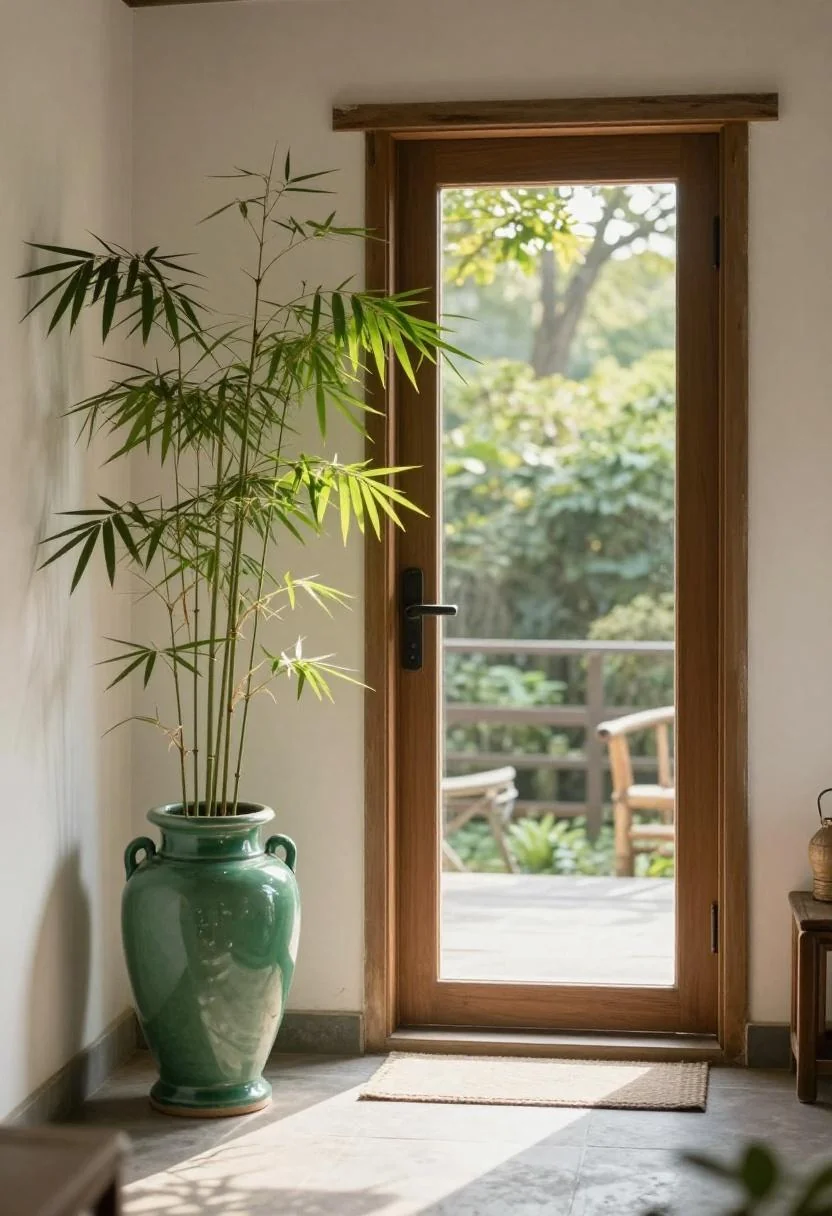 Jade green ceramic urn with bamboo standing beside a cottage porch door in morning light