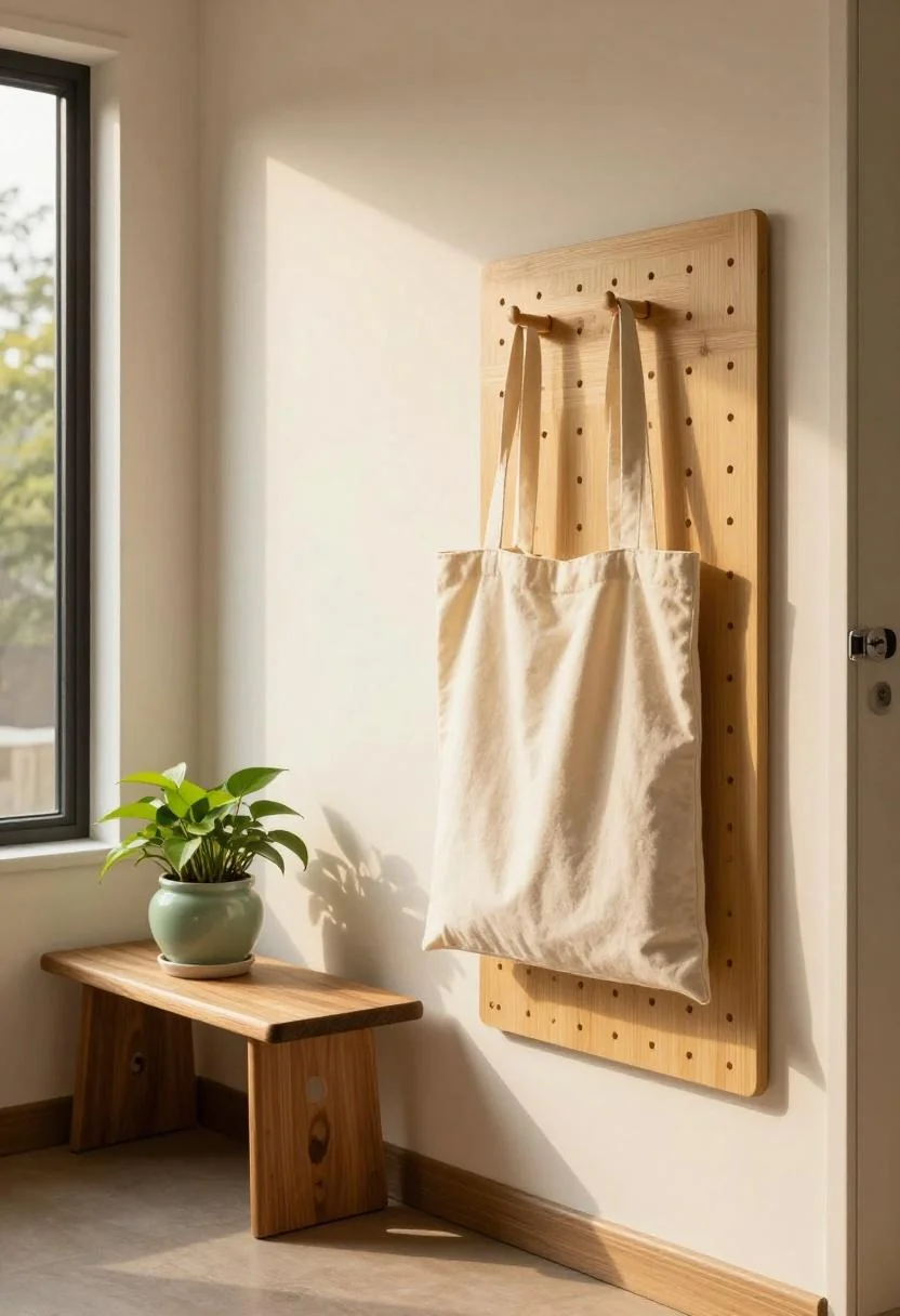 Bamboo pegboard entry in a camper with jade green ceramic pot and walnut bench