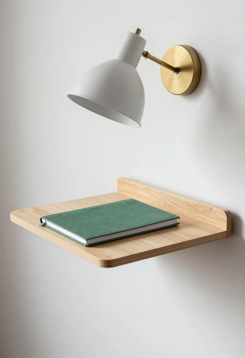 Birch fold-down desk with wasabi green linen notebook in a compact camper workspace