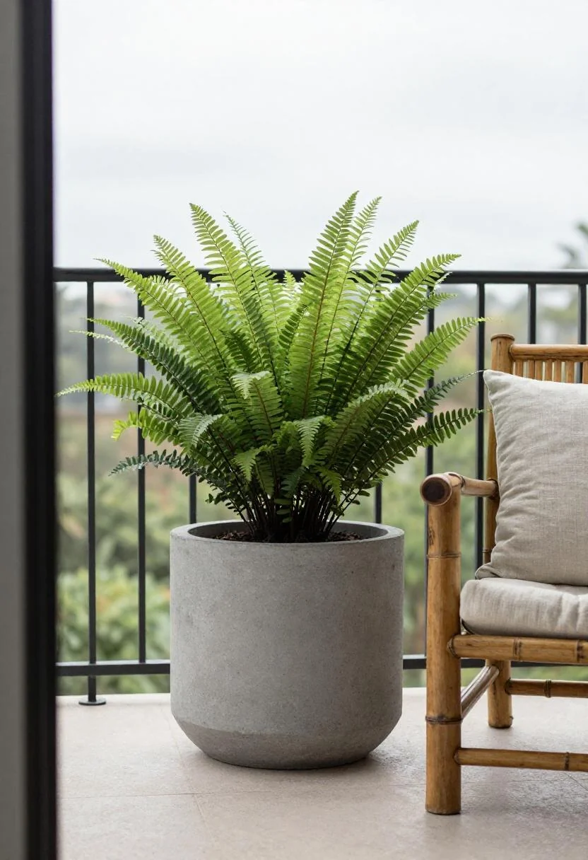 Wasabi concrete planter with Kimberly Queen fern against a balcony railing under soft overcast daylight
