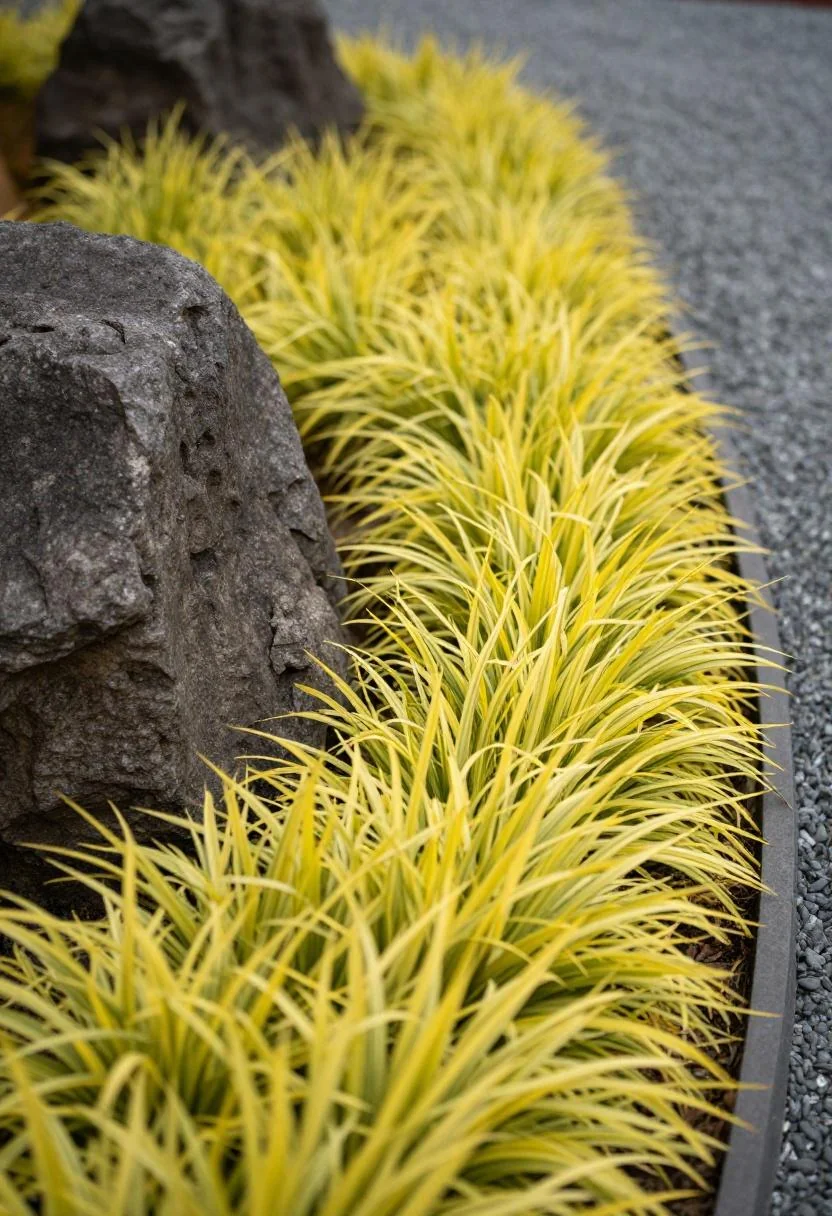 Wasabi-toned dwarf mondo grass bordering a zen gravel garden beside a granite boulder