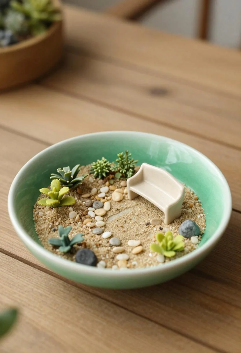 Wasabi green ceramic dish holding a complete miniature fairy garden on a shaded deck