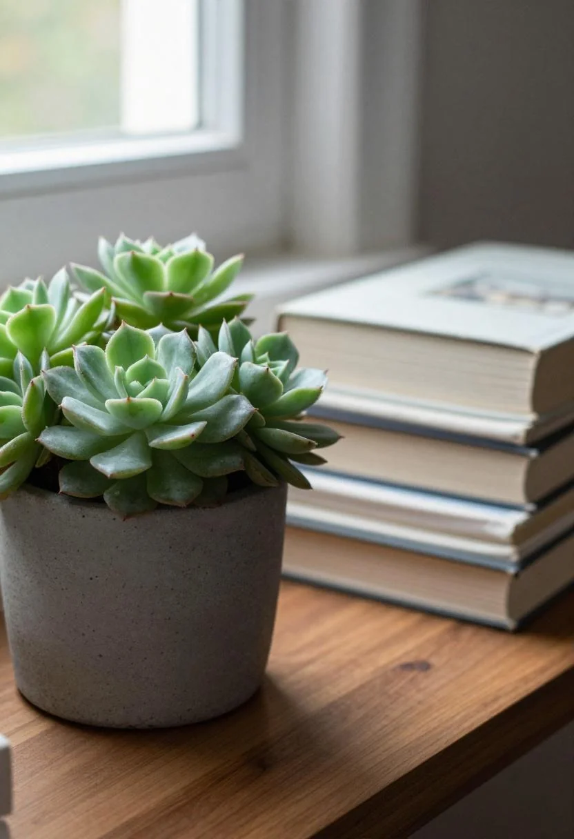 Wasabi succulent cluster in a concrete planter on a walnut console table in morning light