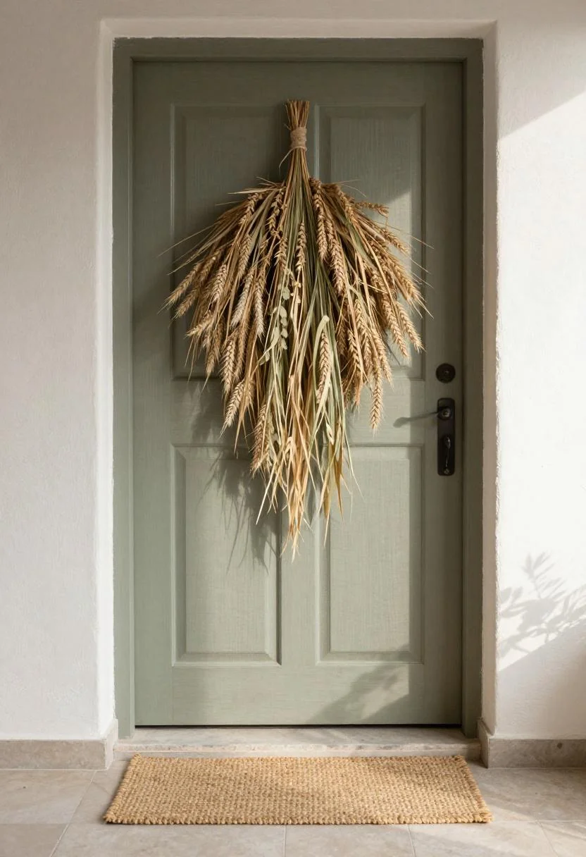 Wasabi dried grass wreath on sage linen door with natural jute mat below