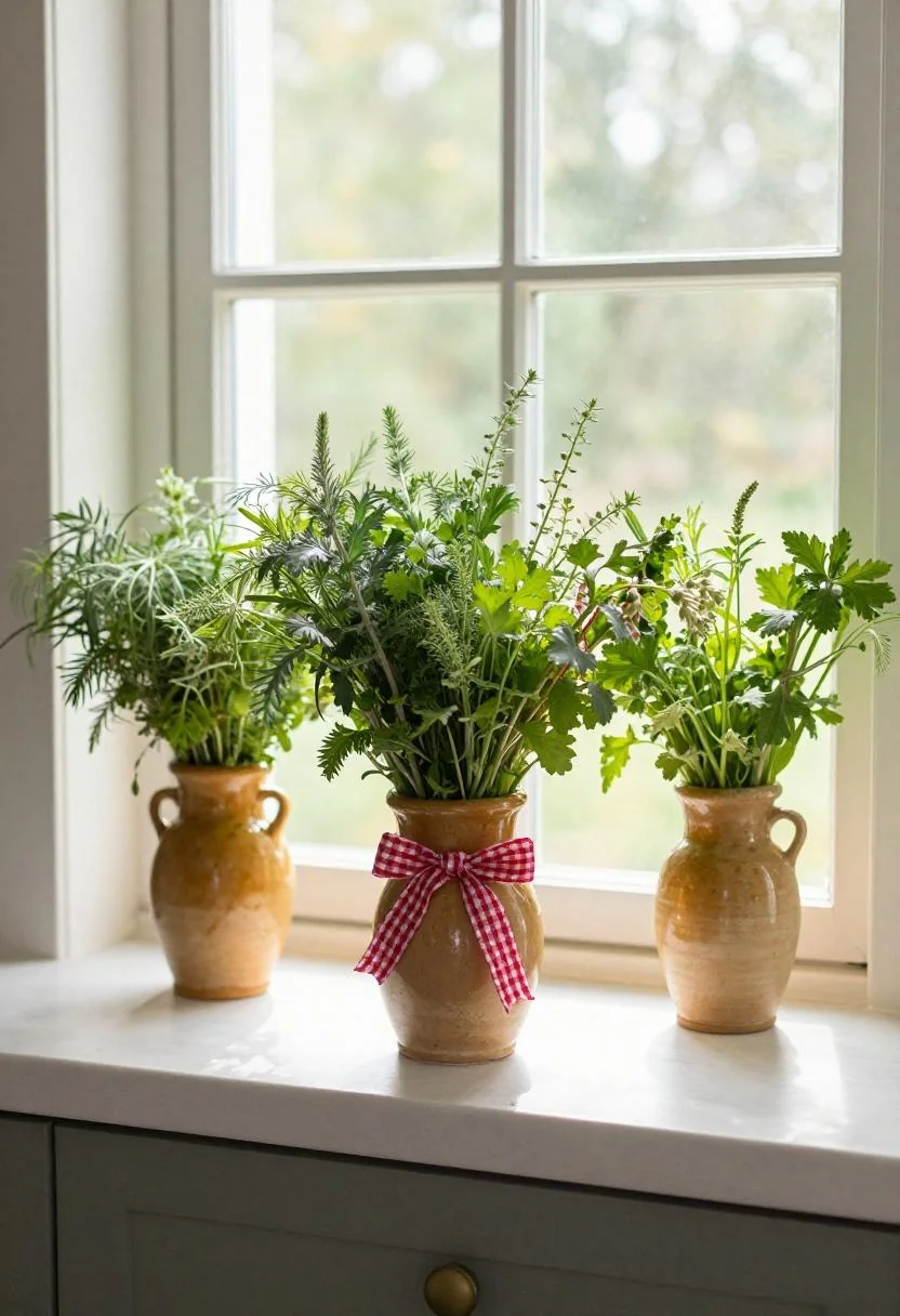 Wasabi earthenware crocks tied with red gingham ribbon on a sunny kitchen windowsill for a cottagecore 4th of July