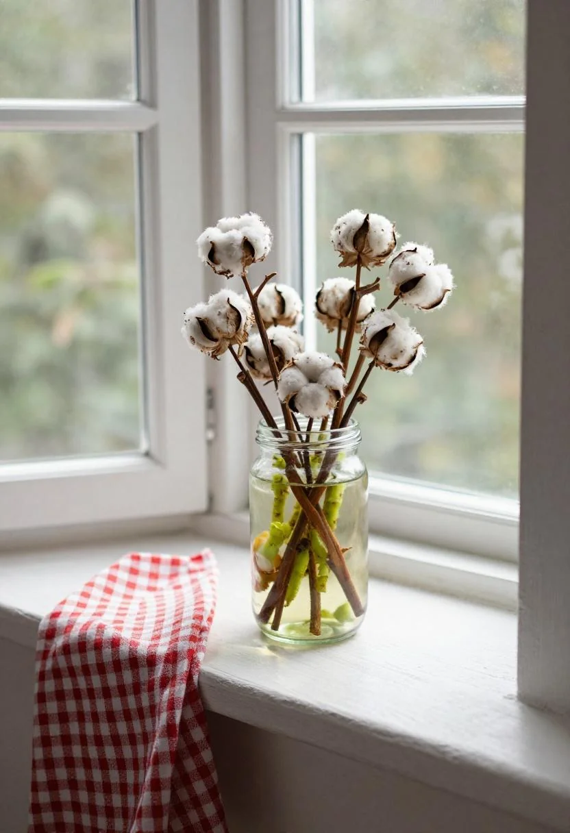 Wasabi cotton stems in a glass jar on a gingham-lined windowsill for a Cottagecore patriotic touch