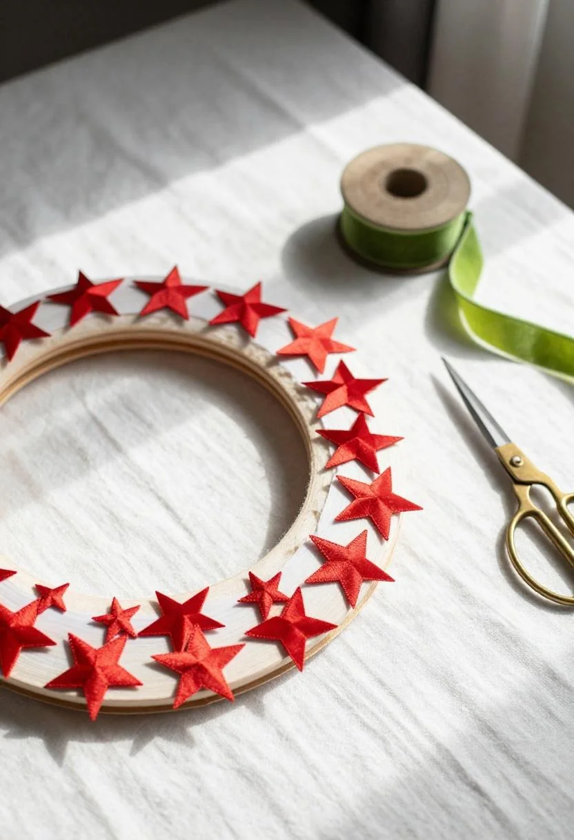 Flat lay of patriotic wreath materials including wasabi velvet ribbon and brass scissors on a work surface