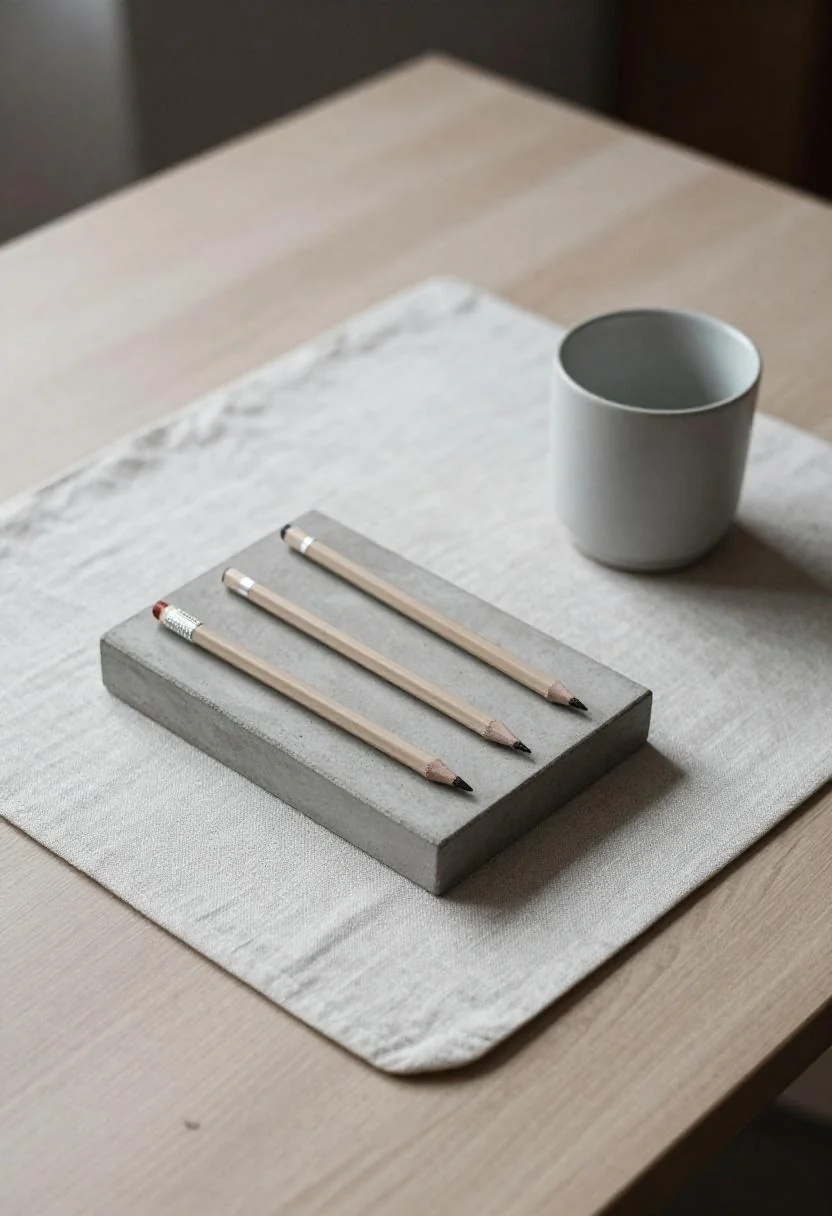 Cement desk organizer paired with a wasabi ceramic cup, shot from overhead
