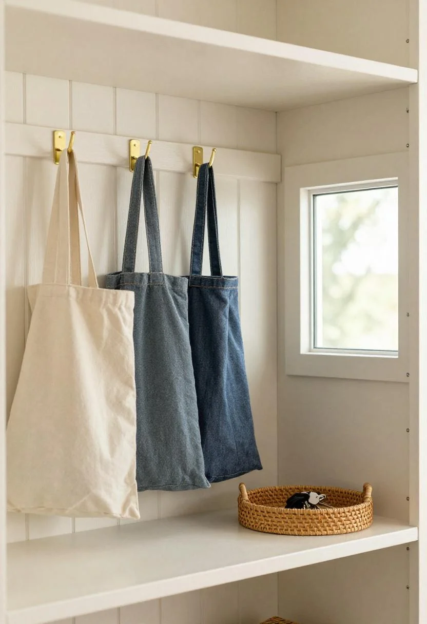 Camper entryway shelf with wasabi beadboard backing and brass hooks for storage