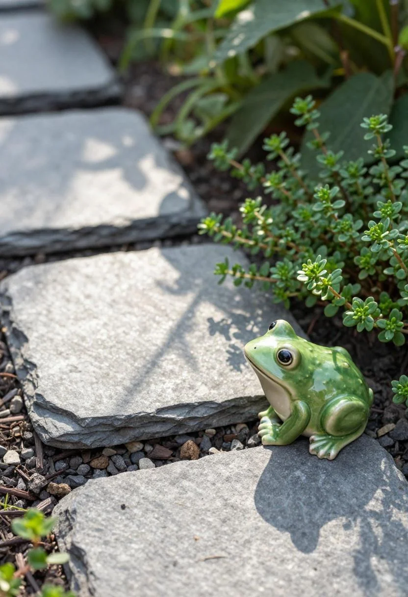Slate stepping stone with wasabi ceramic frog nestled beside creeping thyme in a garden setting