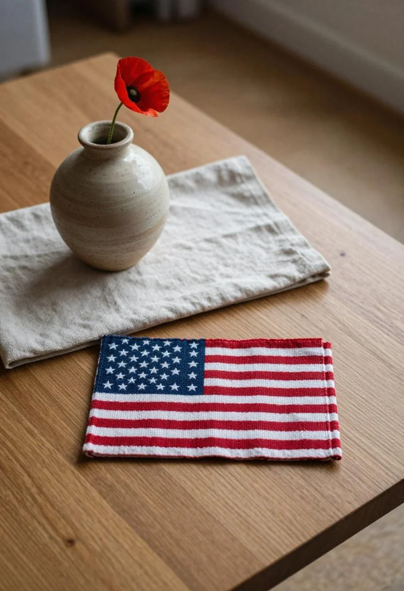 Oak coffee table with wasabi linen napkin and stoneware bud vase overhead flatlay