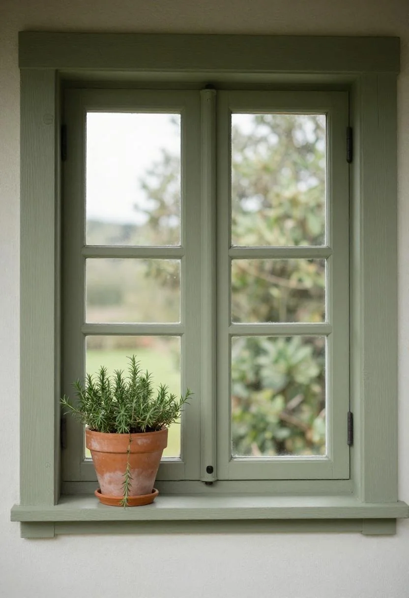Wasabi cedar shutters framing an aluminum window with a trailing rosemary pot on the sill