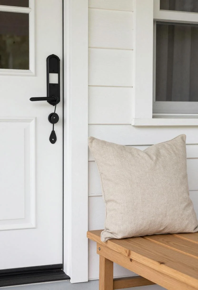 Wasabi linen pillow on a cedar bench beside a Craftsman bungalow front door