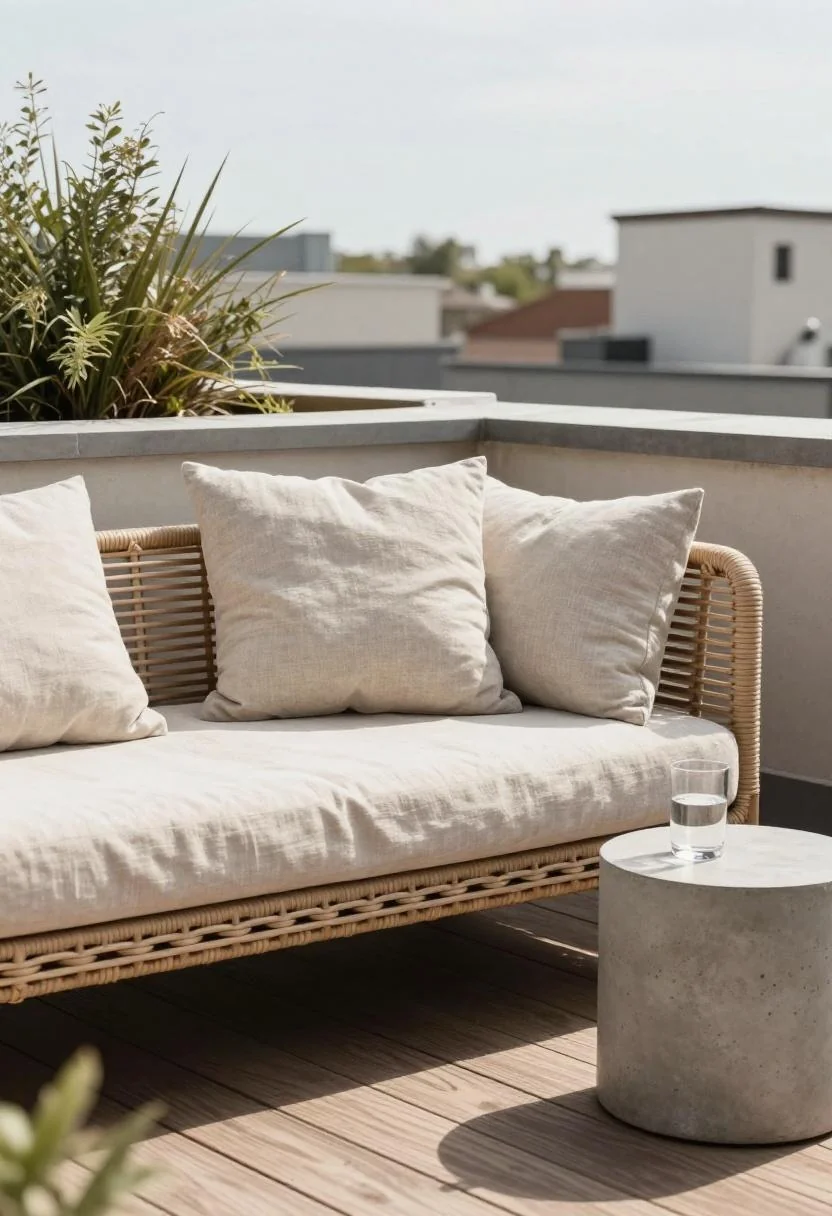 Wasabi linen cushion on a rattan daybed atop a shaded duplex rooftop deck