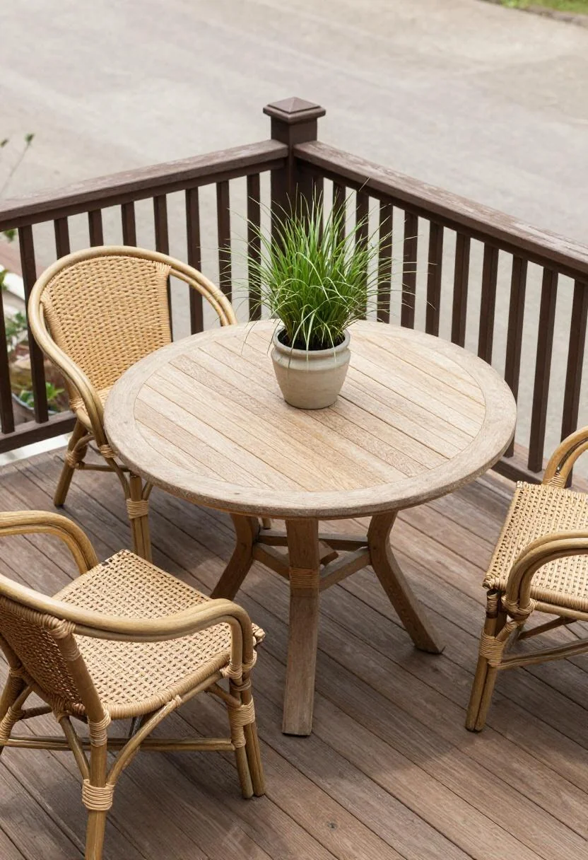 Teak bistro table and wasabi ornamental grass on a cedar deck corner in midday shade