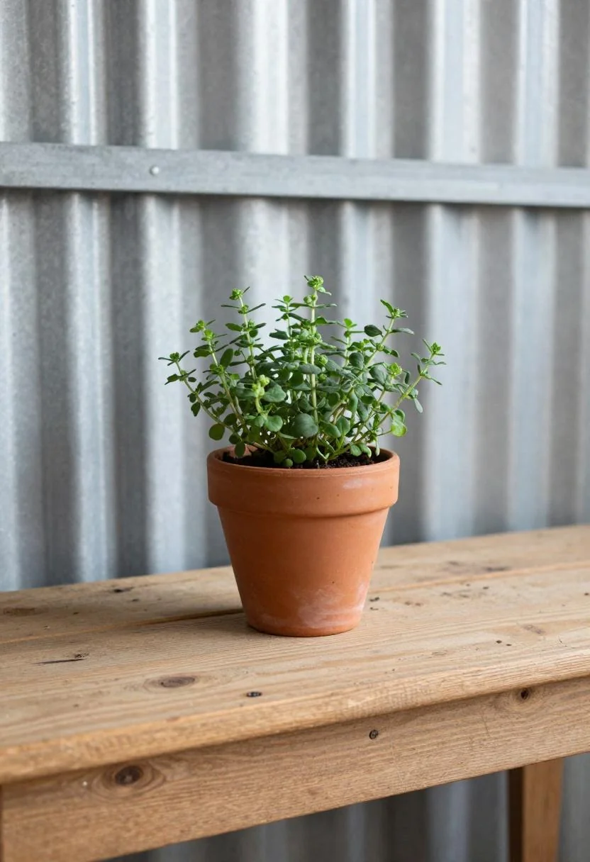 Reclaimed oak potting bench with a wasabi terracotta herb pot against barn steel