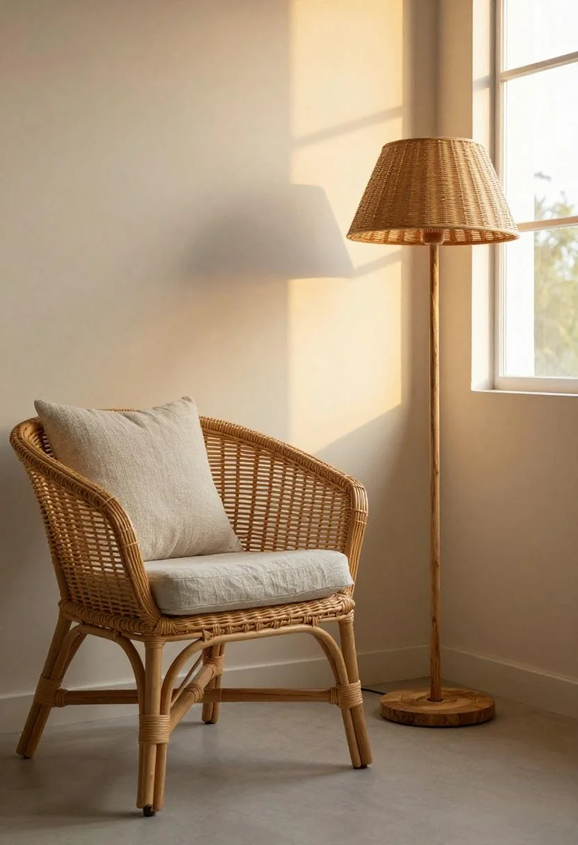 Rattan reading chair with wasabi linen cushion and driftwood floor lamp in warm evening light