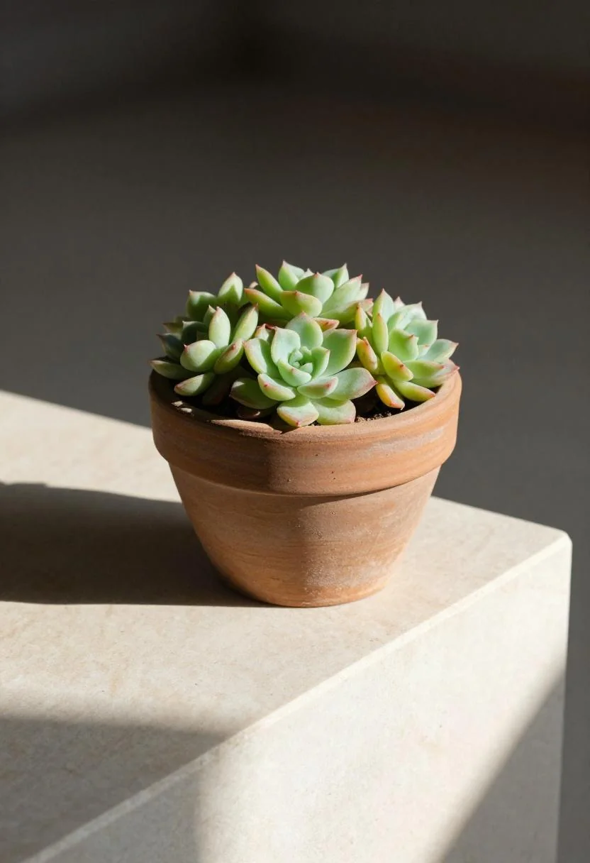 Wasabi-toned succulents in a clay pot on limestone steps in warm morning light