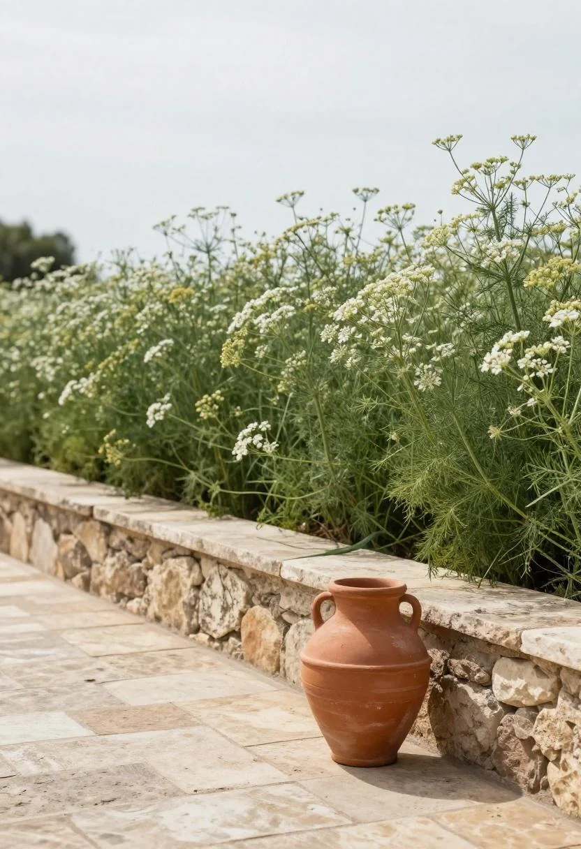 A terracotta urn planted with chartreuse euphorbia set against a sun-warmed stone patio wall