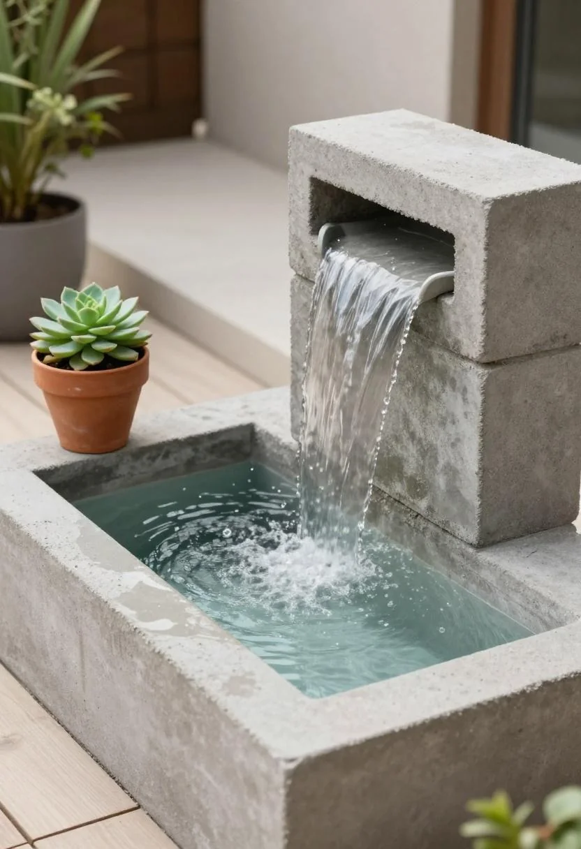 Concrete block waterfall flowing into a rectangular backyard pond with succulent border