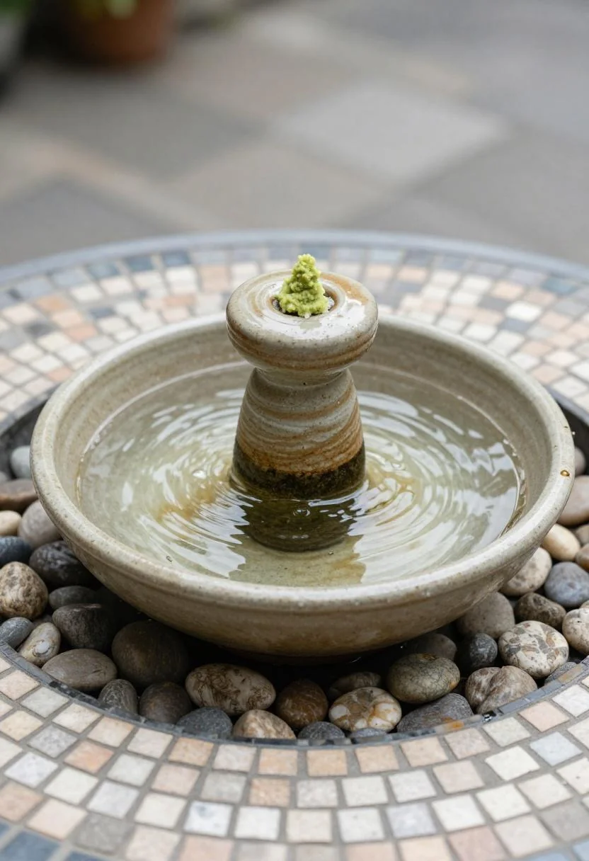 Wasabi-glazed ceramic bowl fountain with pebbles on a mosaic tile patio table in midday shade