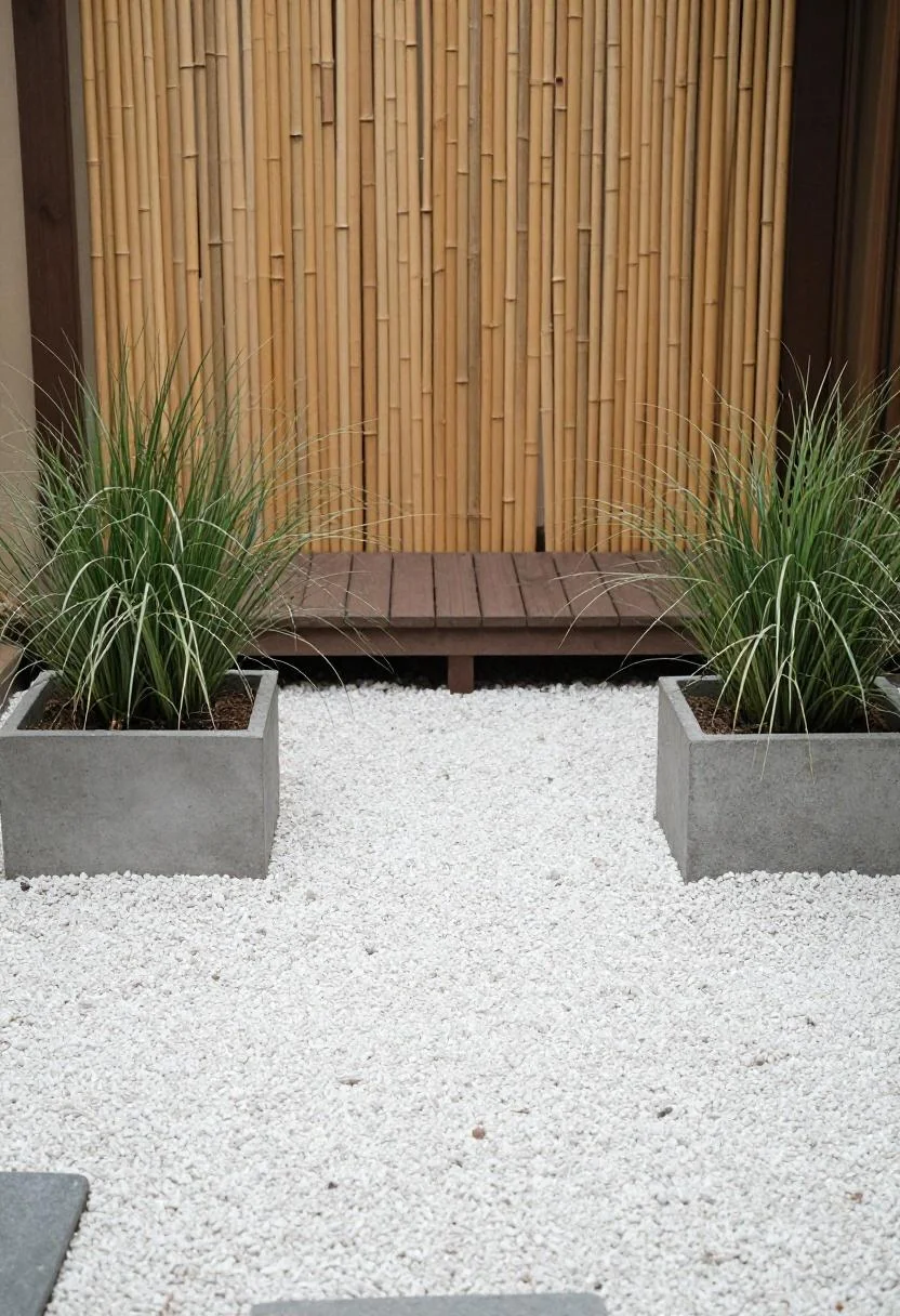Concrete planters of ornamental grass flanking a bamboo screen on a minimalist zen deck