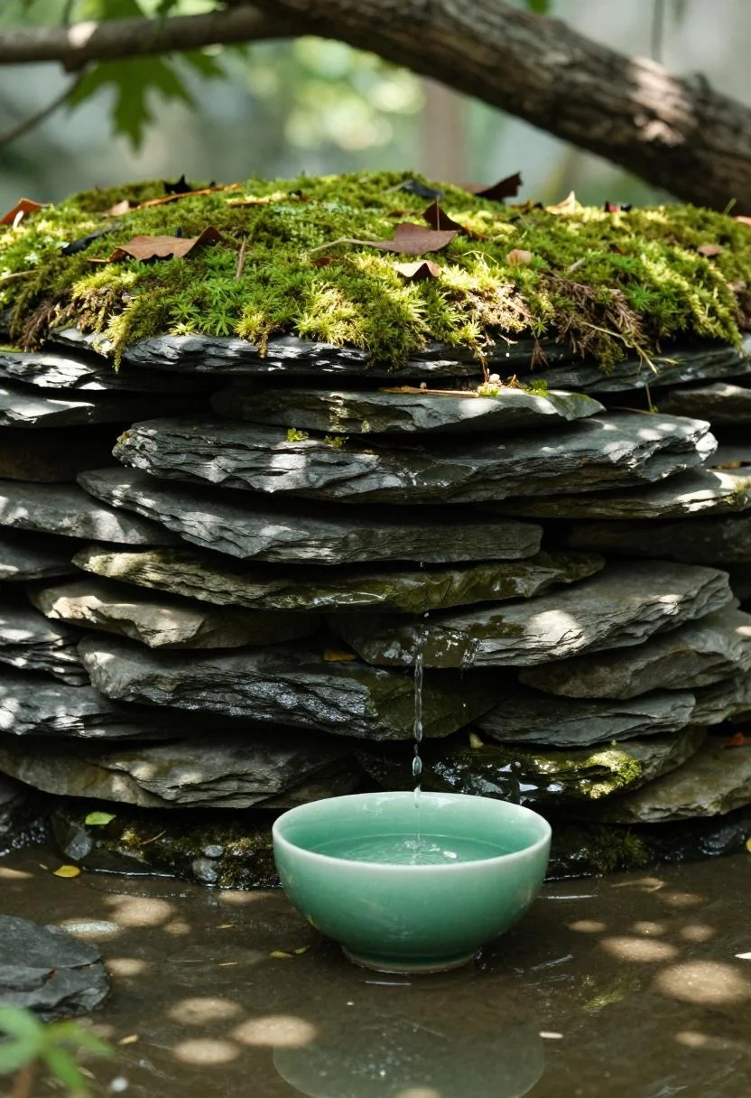 Stacked slate stone fountain with a wasabi-green ceramic catch bowl in dappled garden shade