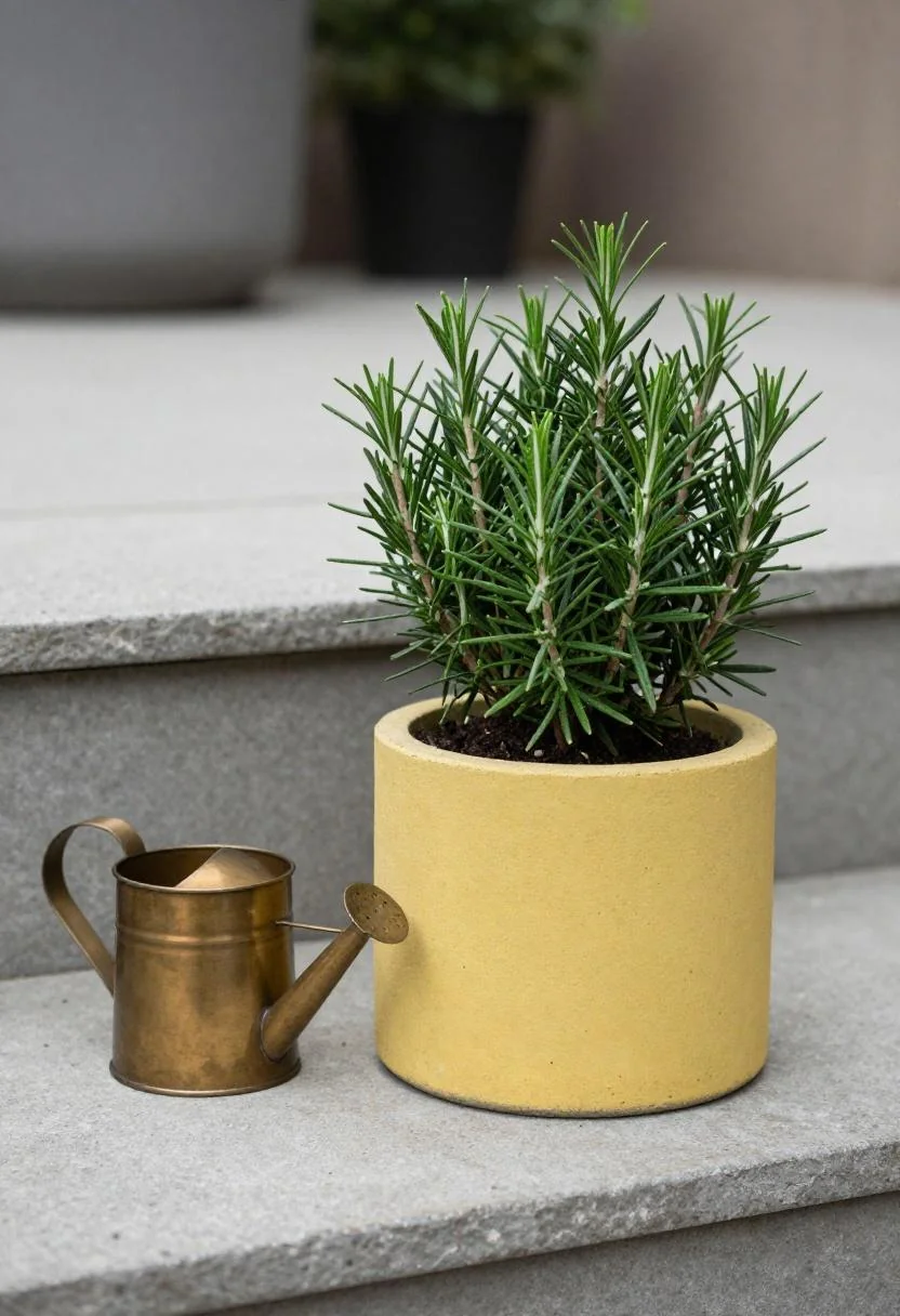 Wasabi concrete pot with rosemary topiary and a bronze watering can flanking a slate garden step