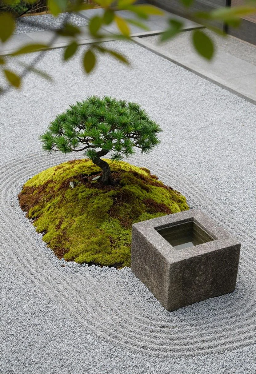 Basalt stone planter with moss and dwarf pine beside a raked gravel zen garden path
