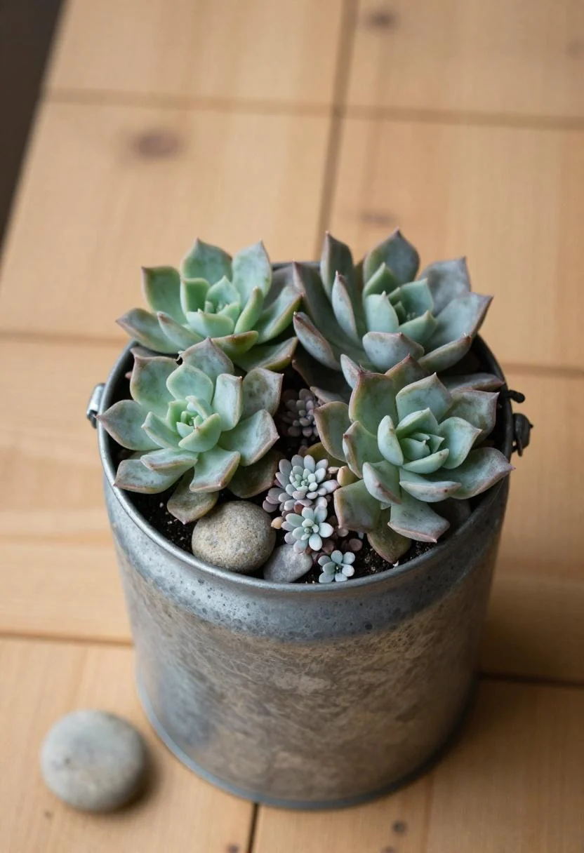 Overhead view of a steel milk can planted with wasabi-toned succulents on cedar decking