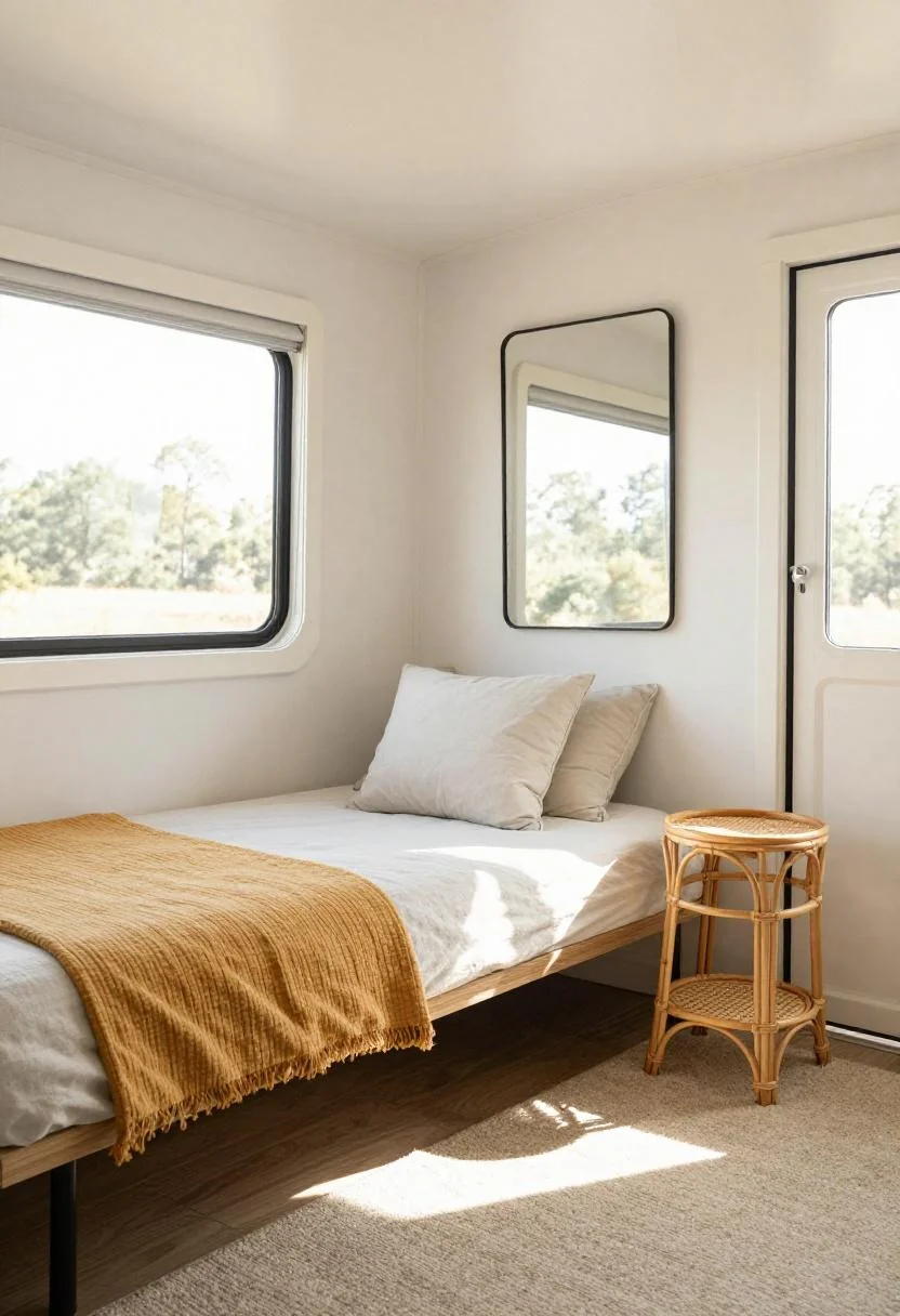 Pine daybed with persimmon cotton throw and wall mirror expanding a camper living area