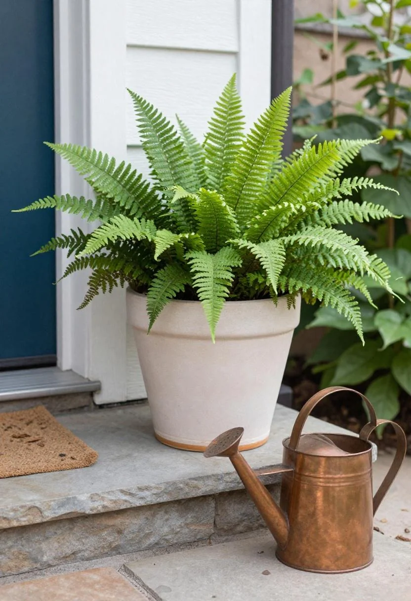 Persimmon stoneware pot brimming with Kimberly Queen fern beside a copper watering can along a cottage garden path