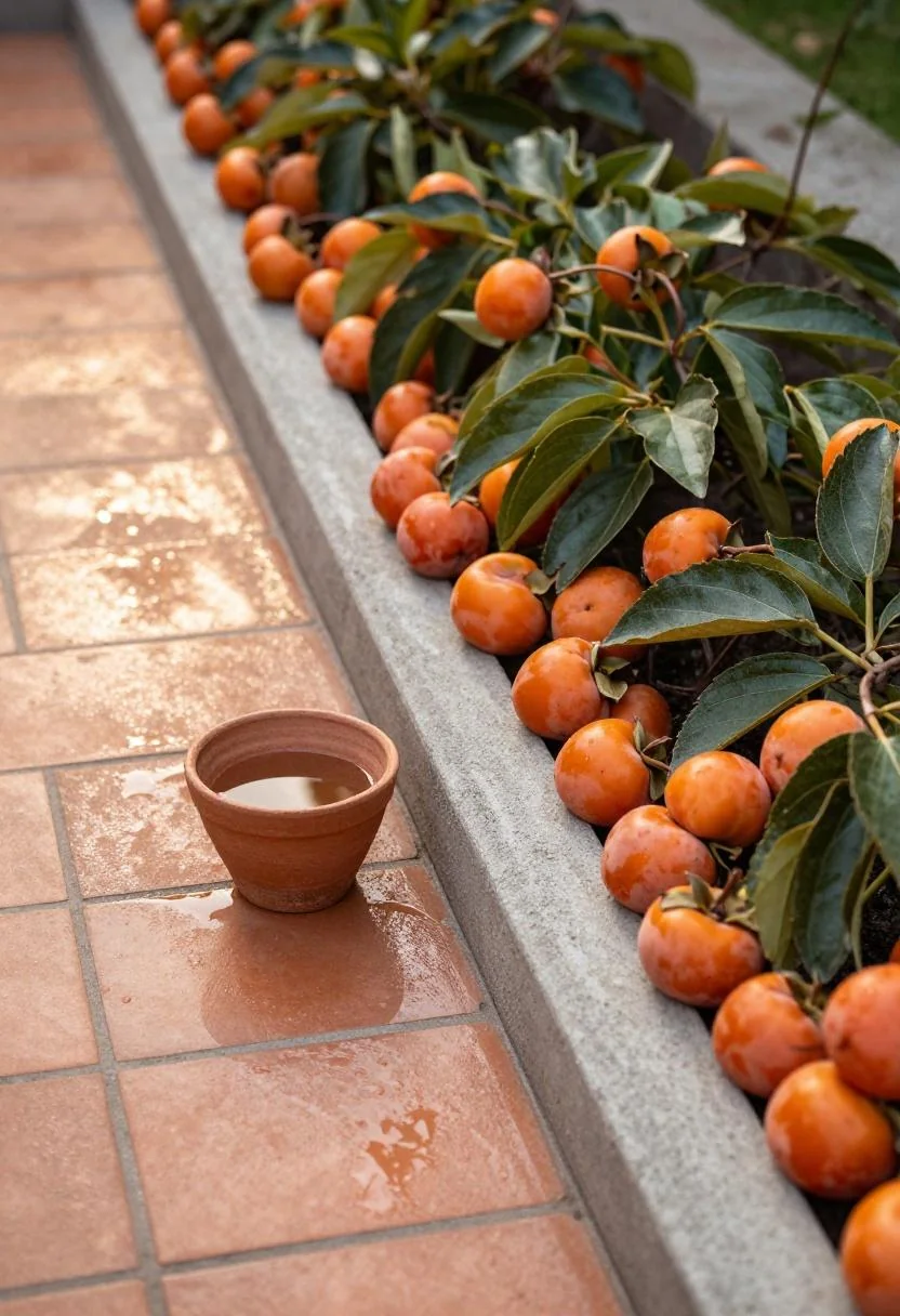 Persimmon geum flowers spilling over concrete edging on a warm terracotta-tiled patio border