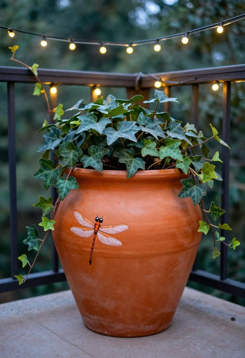 Persimmon-painted dragonfly pot with trailing ivy under balcony string lights at dusk