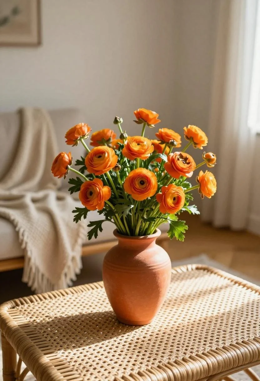 Persimmon ranunculus bouquet in a terracotta vase on a rattan coffee table in a bohemian setting