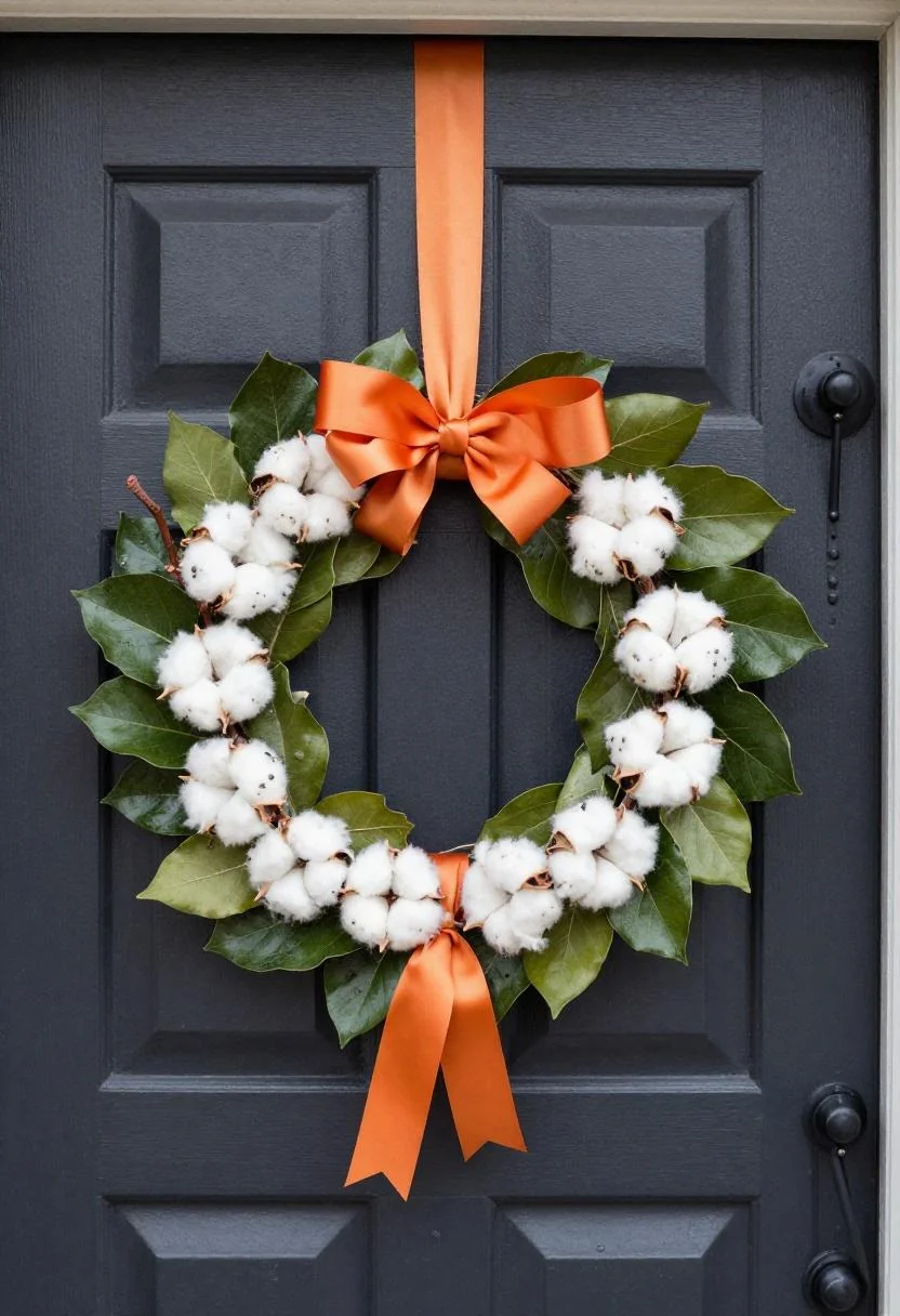 Persimmon ribbon magnolia wreath on a black steel door with an iron sconce