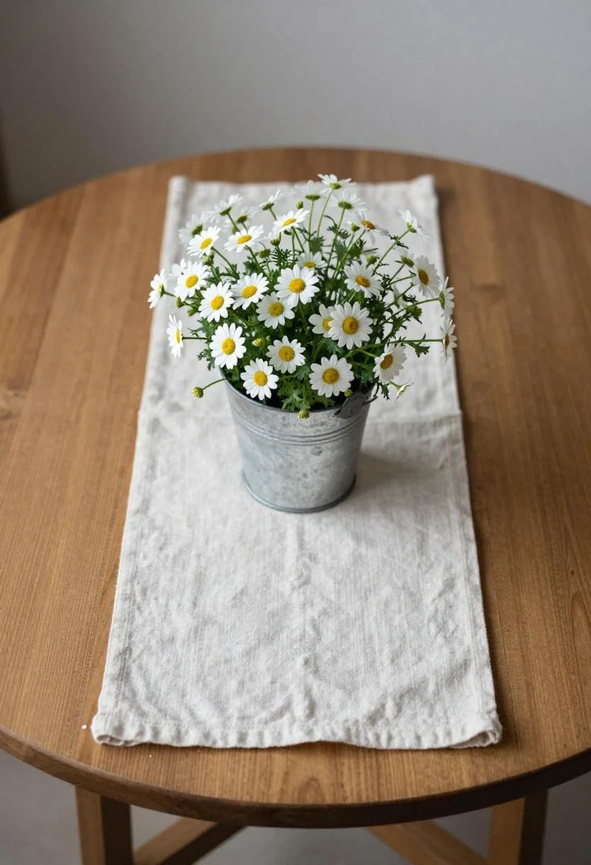Persimmon linen runner and white daisies in a galvanized tin create a bright cottagecore July 4th coffee table display