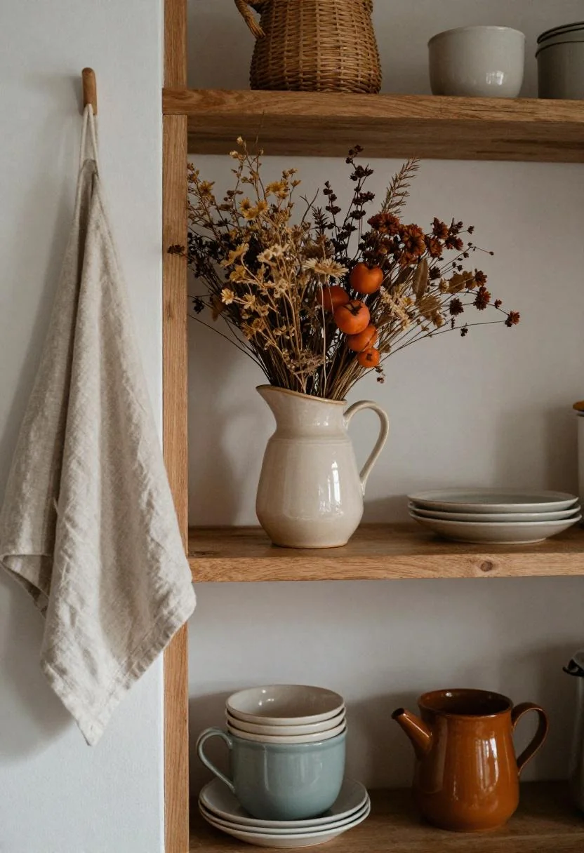 Persimmon wildflowers in a vintage ceramic pitcher on a Cottagecore kitchen shelf