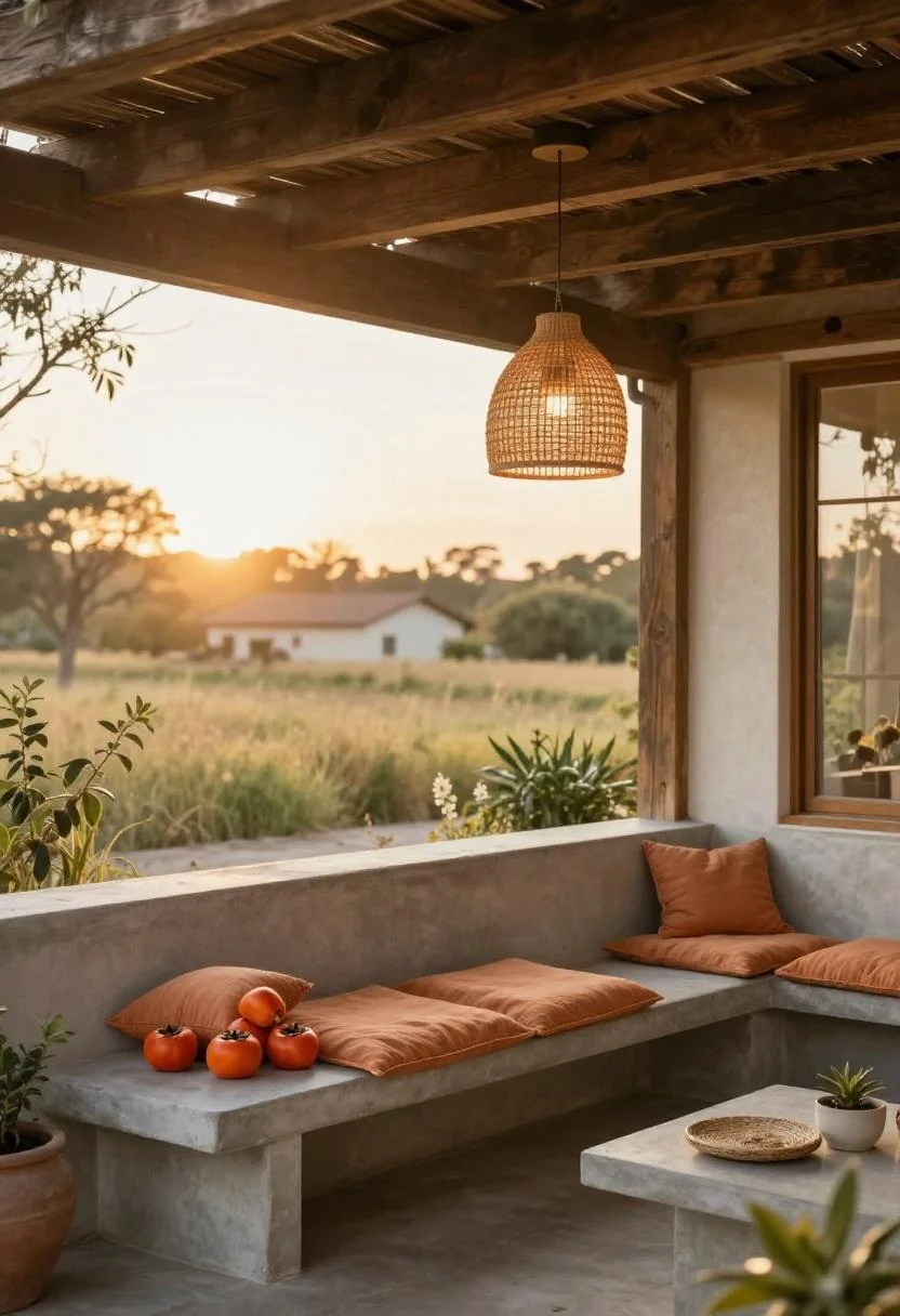 Persimmon cushioned concrete bench under a rattan pendant light in a converted ranch carport