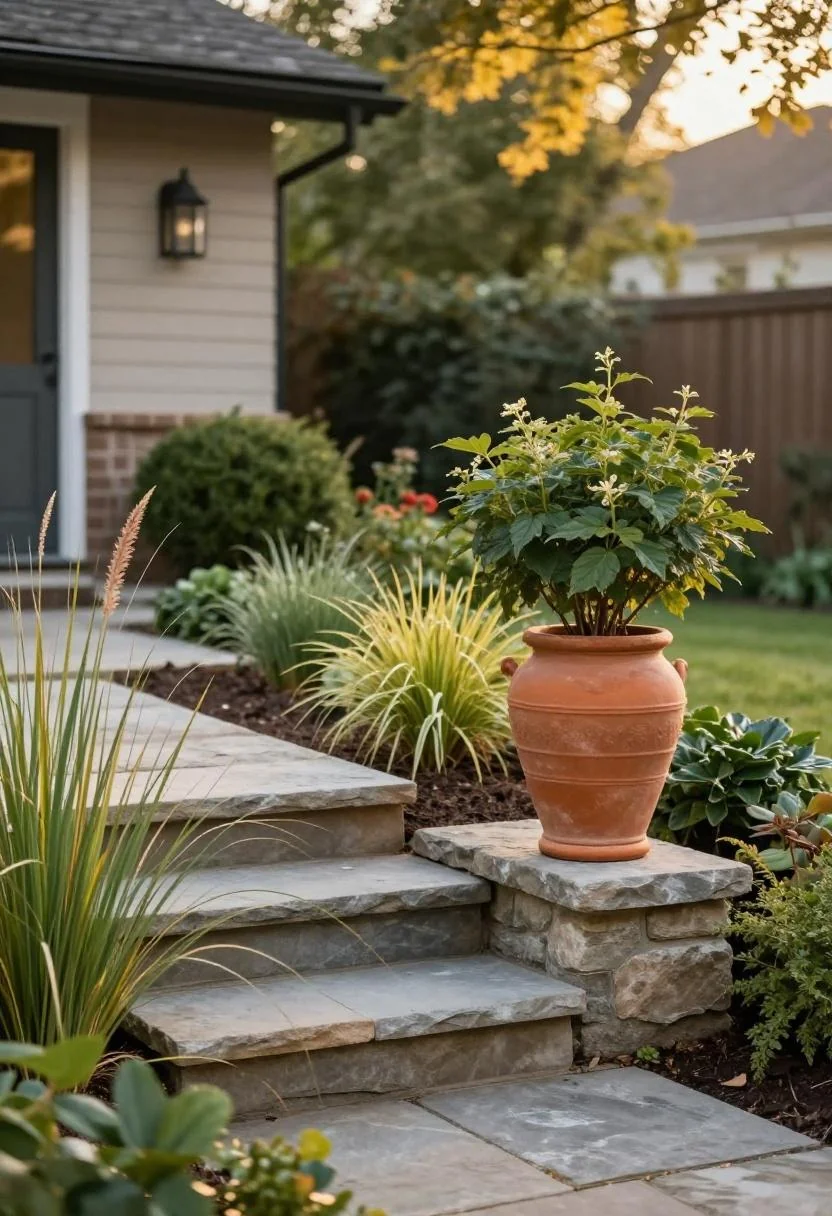 Persimmon terracotta urn accenting the stone steps of a Craftsman bungalow front garden