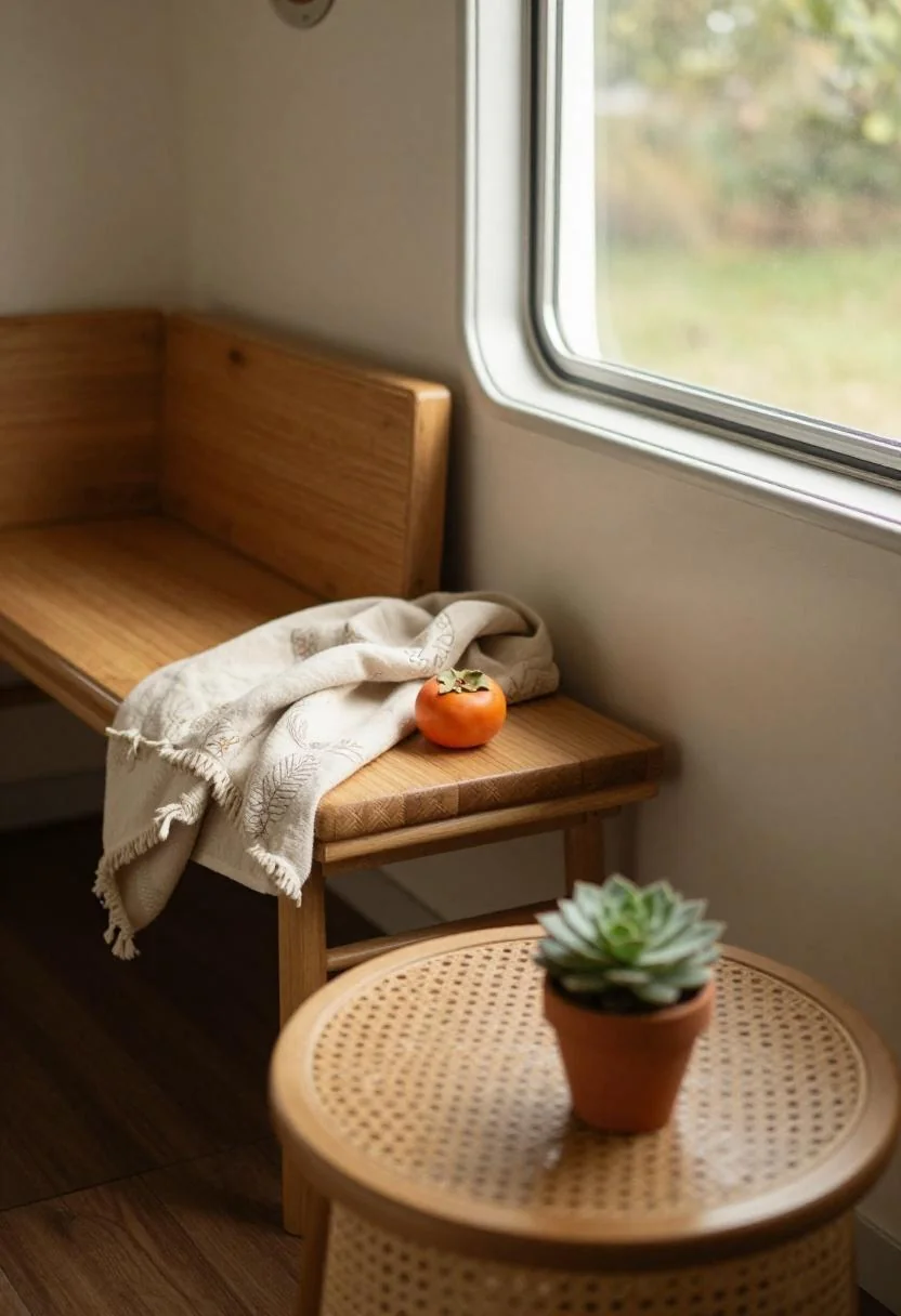 Retro camper living corner with persimmon cotton throw and cane side table