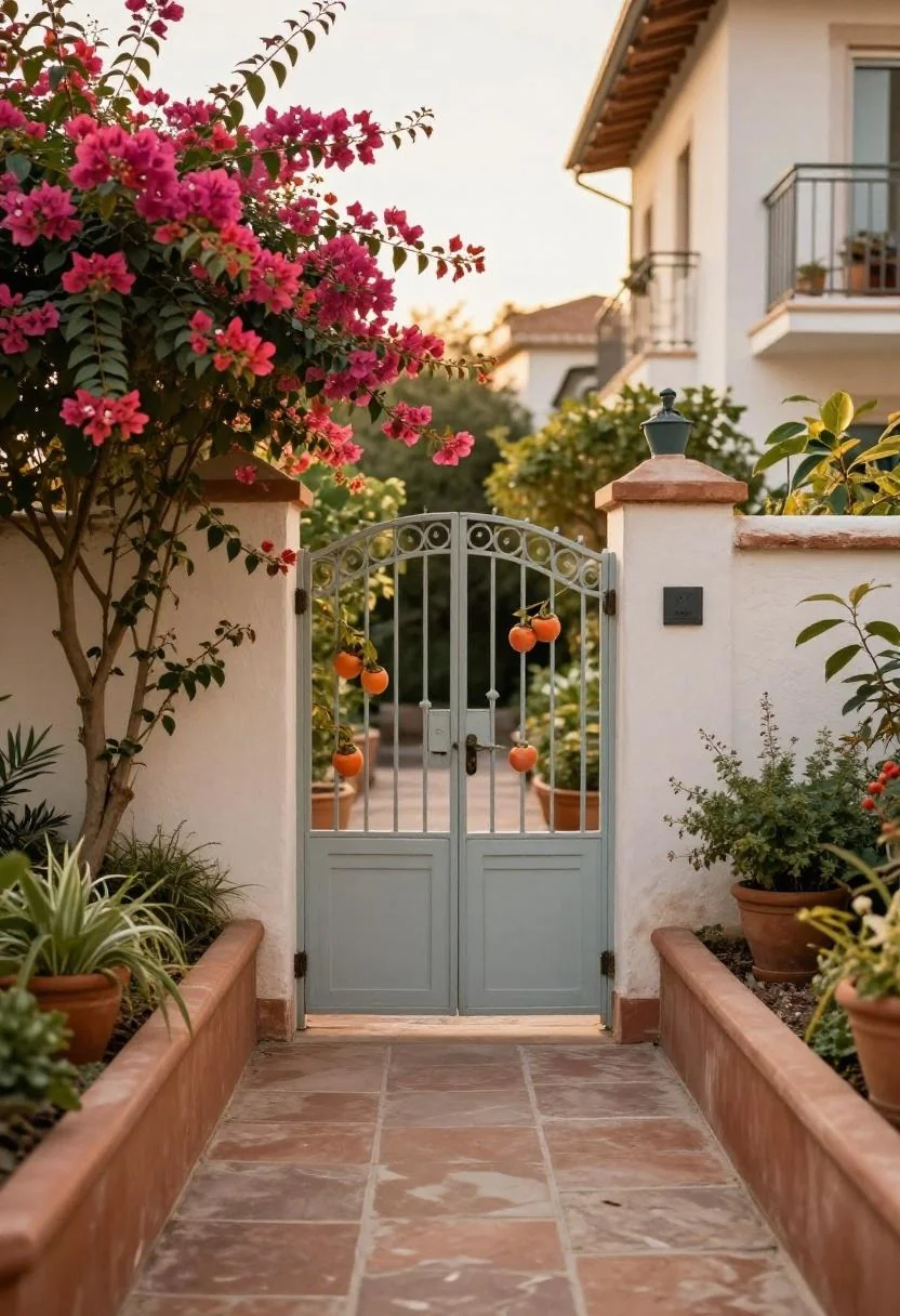 Persimmon wrought iron gate anchoring a Mediterranean duplex garden path at golden hour