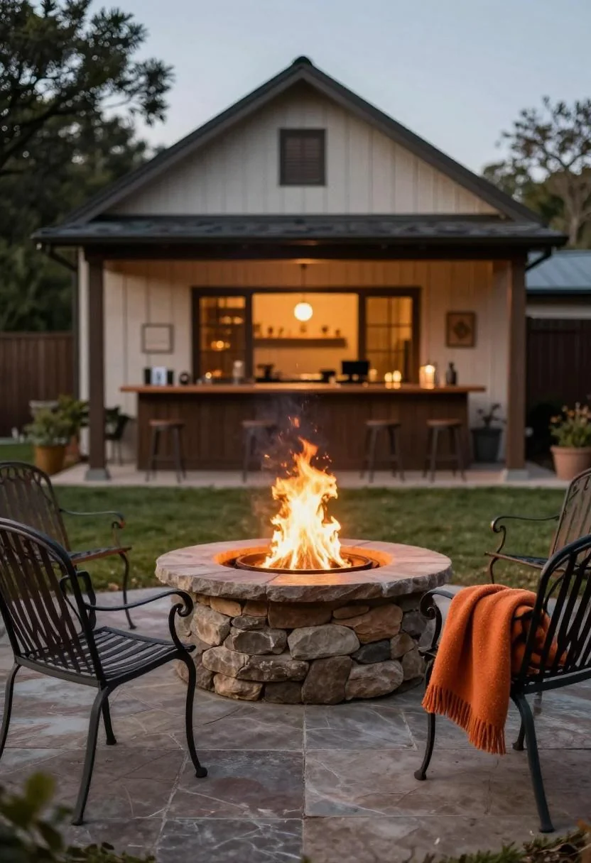Stone fire pit with wrought iron chairs and a persimmon wool throw at dusk