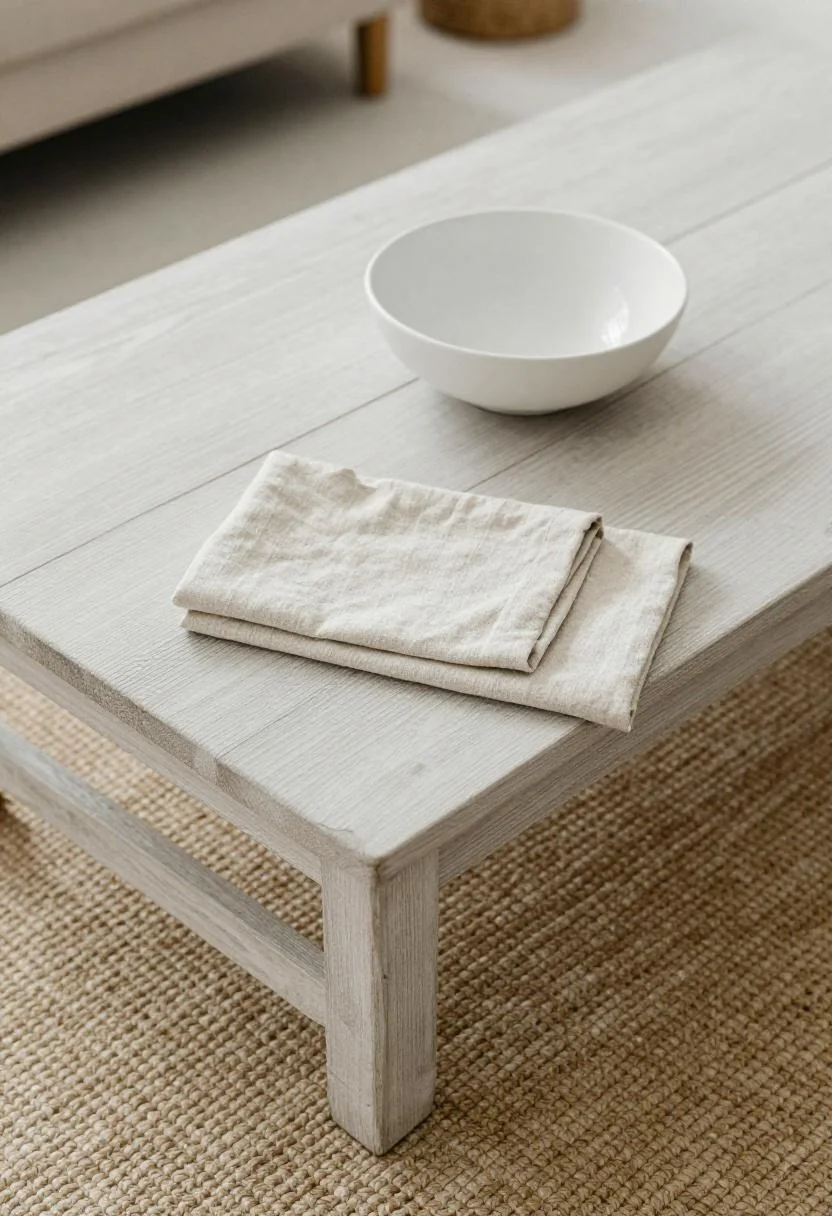 Whitewashed oak coffee table with persimmon linen napkin and ceramic bowl on a sisal rug