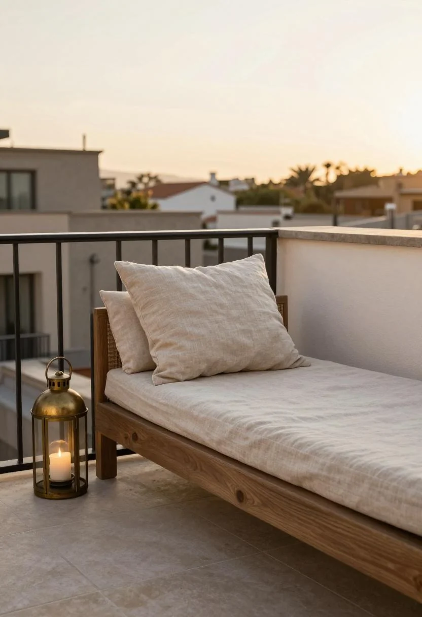 Linen daybed with persimmon bolster and brass lantern on a villa rooftop at golden hour