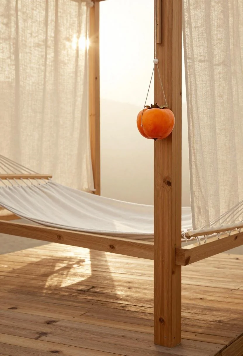 A persimmon lantern and linen hammock on a cedar deck at golden hour